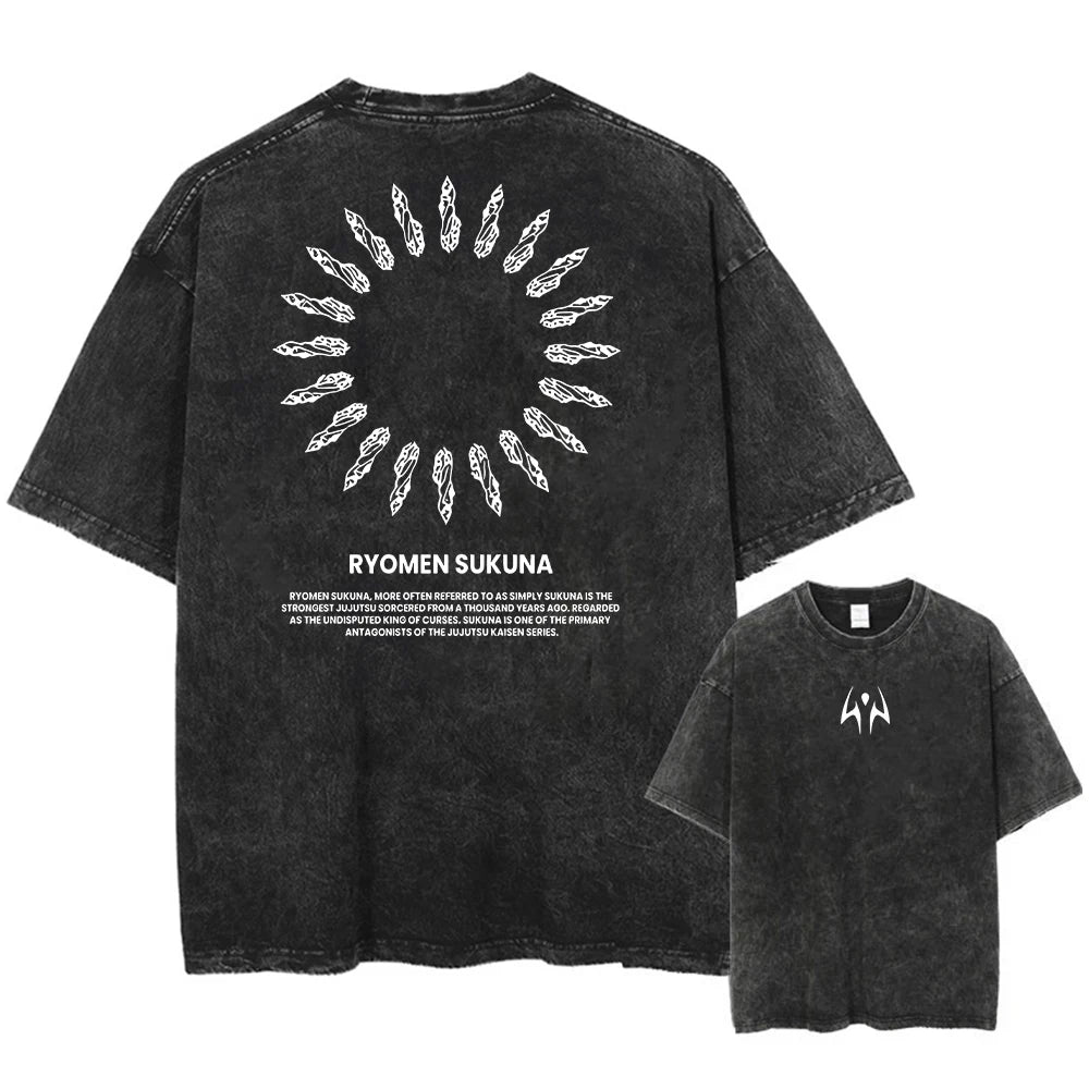 Summer Washed T Shirt Anime Graphic Print Streetwear Vintage Oversized T-Shirt Men Fashion Cotton Top Tee Black Tshirt