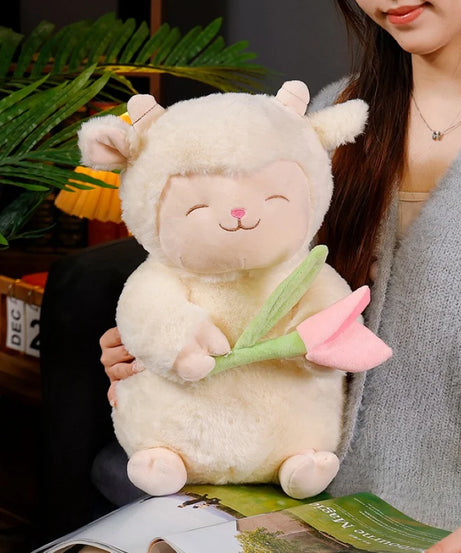 Kawaii Sweet White Sheep Lam Hold Tulip Flower Plush Doll Soft Stuffed Lamb With Tulip Plushie Toy Cute Gift For Kid Birthday