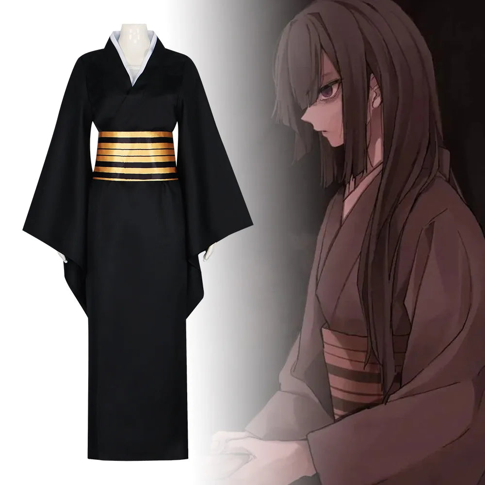 Anime Demon Slayer Nakime Cosplay Costume – Black Kimono & Wig Set 2