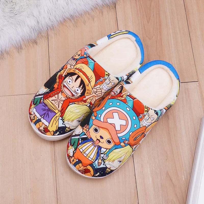 Anime One Piece Luffy Chooper Dragon Ball Goku Hatsune Winter Warm Plush Men Women Couple Shoes Home Slipper Stuffed Plush Gift