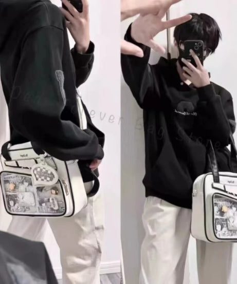 Unisex Graffiti Cartoon Fashion Ita Bag Japanese Style Kawaii Shoulder Crossbody Bags Transparent Front Pocket DIY Tote Handbags
