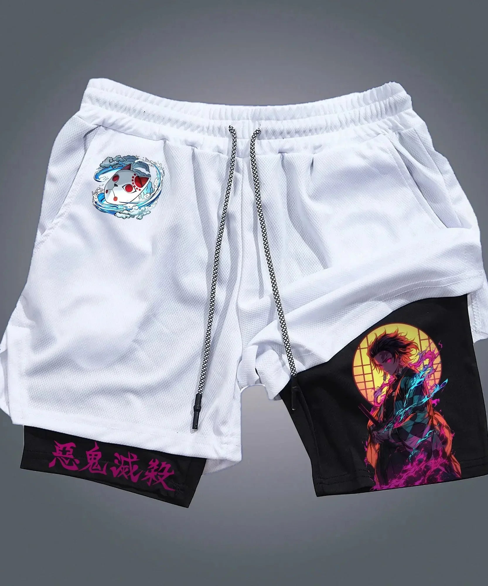 Demon Slayer Anime Tanjirou Printed 2-in-1 Sports Shorts Summer Men's New Trendy Fitness Quick Drying Y2K Double Layer Shorts