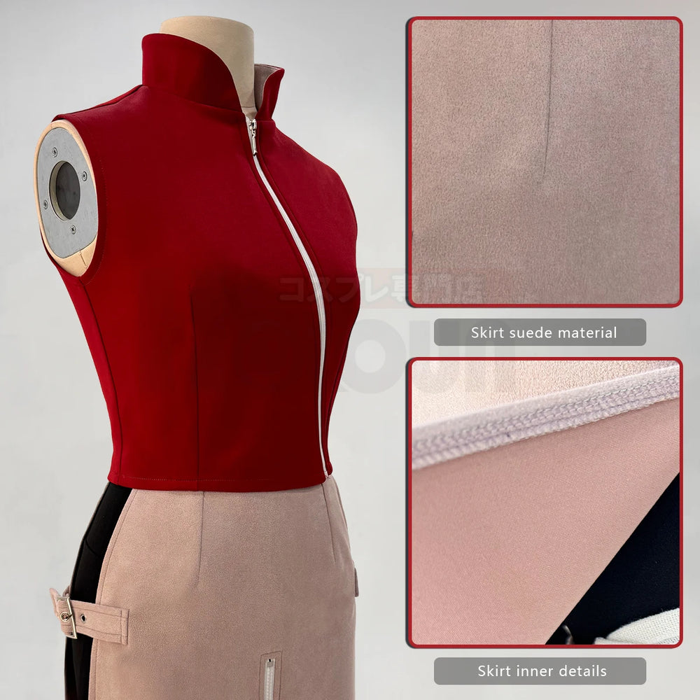 Anime Sakura Haruno Cosplay Costume – Red Top, Skirt, Shorts & Pouch Set 3