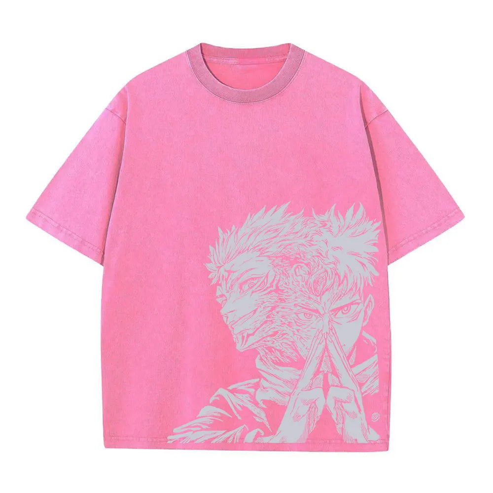 Summer Washed T Shirt Anime Graphic Print Streetwear Vintage Oversized T-Shirt Men Fashion Cotton Top Tee Black Tshirt