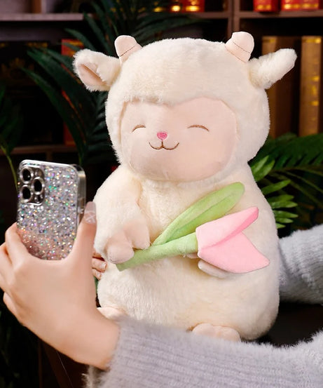 Kawaii Sweet White Sheep Lam Hold Tulip Flower Plush Doll Soft Stuffed Lamb With Tulip Plushie Toy Cute Gift For Kid Birthday