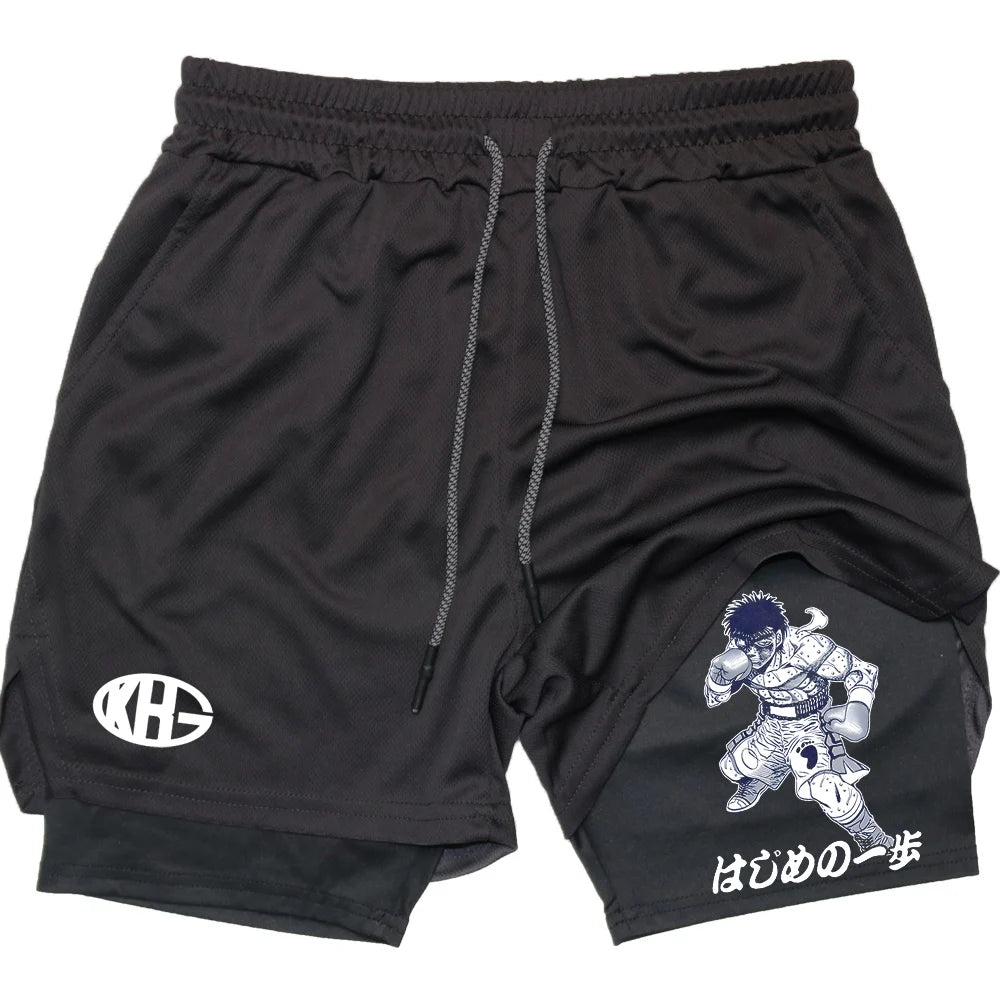 IPPO Boxing Anime Gym Shorts – 2-in-1 Quick-Dry Compression Shorts for Men