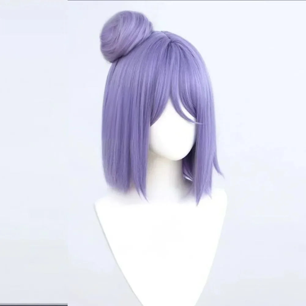 Anime Naruto Konan Cosplay Wig – Short Purple Bob with Side Bun & Flower Hairpiece 4
