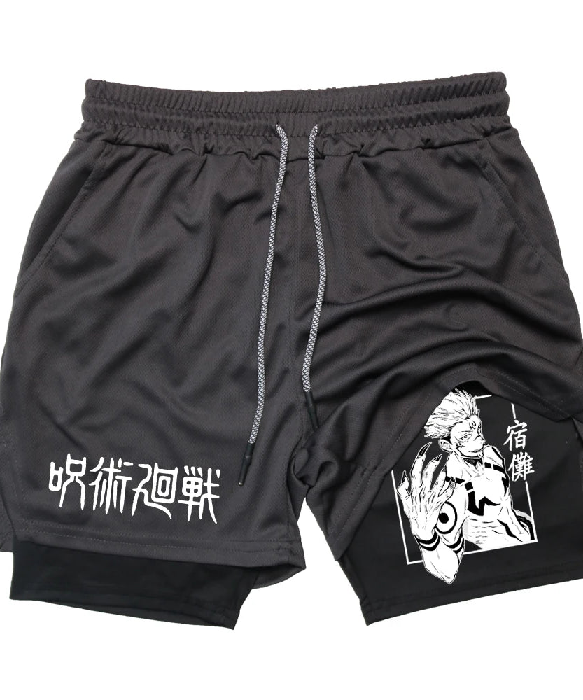 Anime Gym Shorts 2 In 1 Double Layer Men Workout Sports Jogging Sportwear Training Sport Shorts Male Summer Performance Shorts