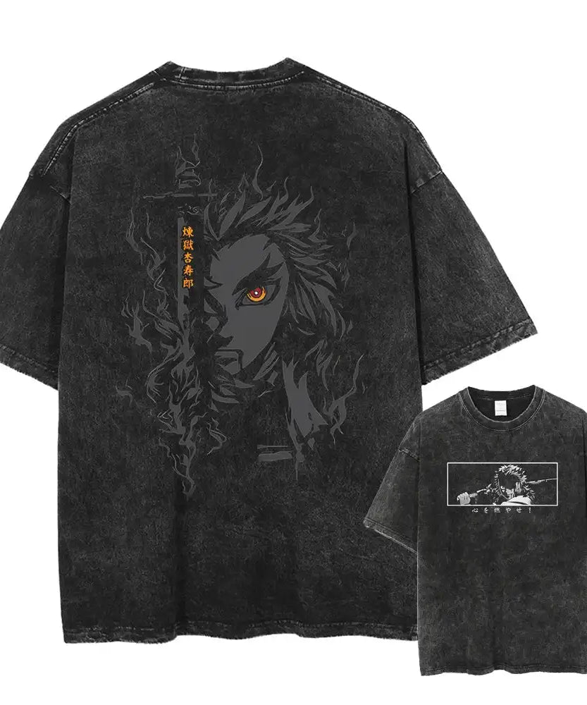 Men's Anime Demon slayer Print Washed Vintage T-Shirts Street Hip Hop Retro Punk T Shirt Harajuku Casual Cotton Short Sleeve Couple Top Tees