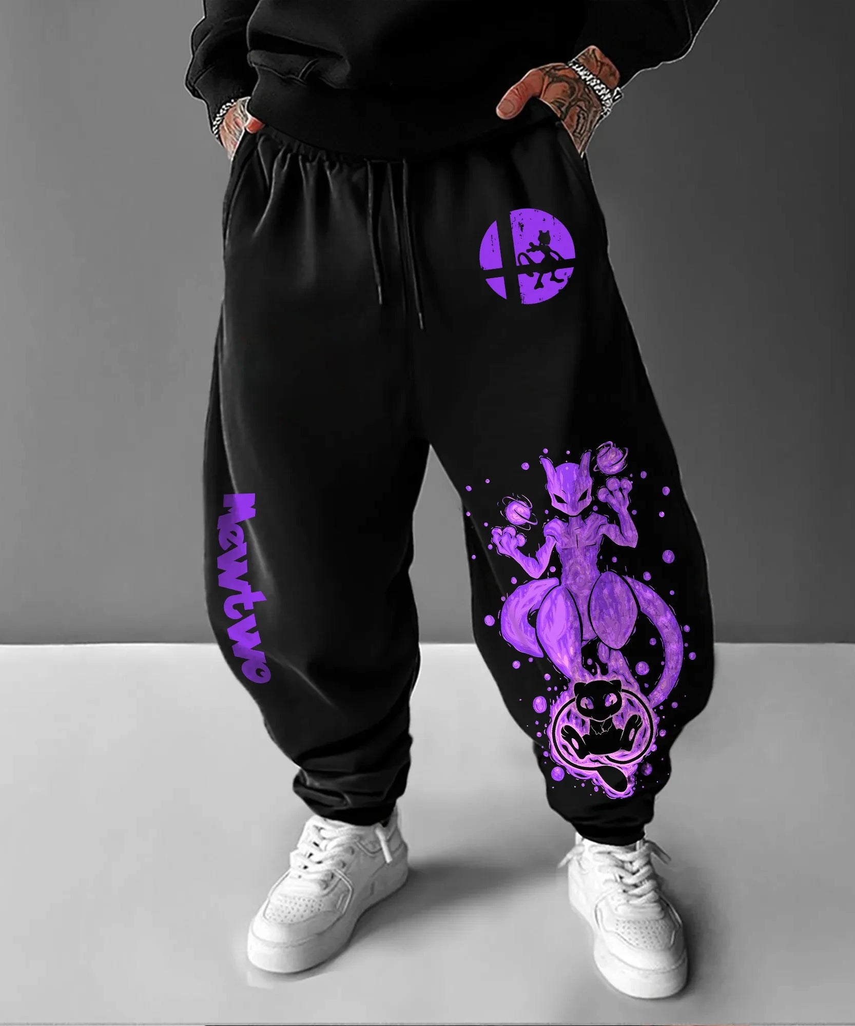 Pokémon Co Branded Men's Sweetpants  Autumn/winter New Mewtwo Anime Print American Street Hip-hop Loose Casual Cotton Pants