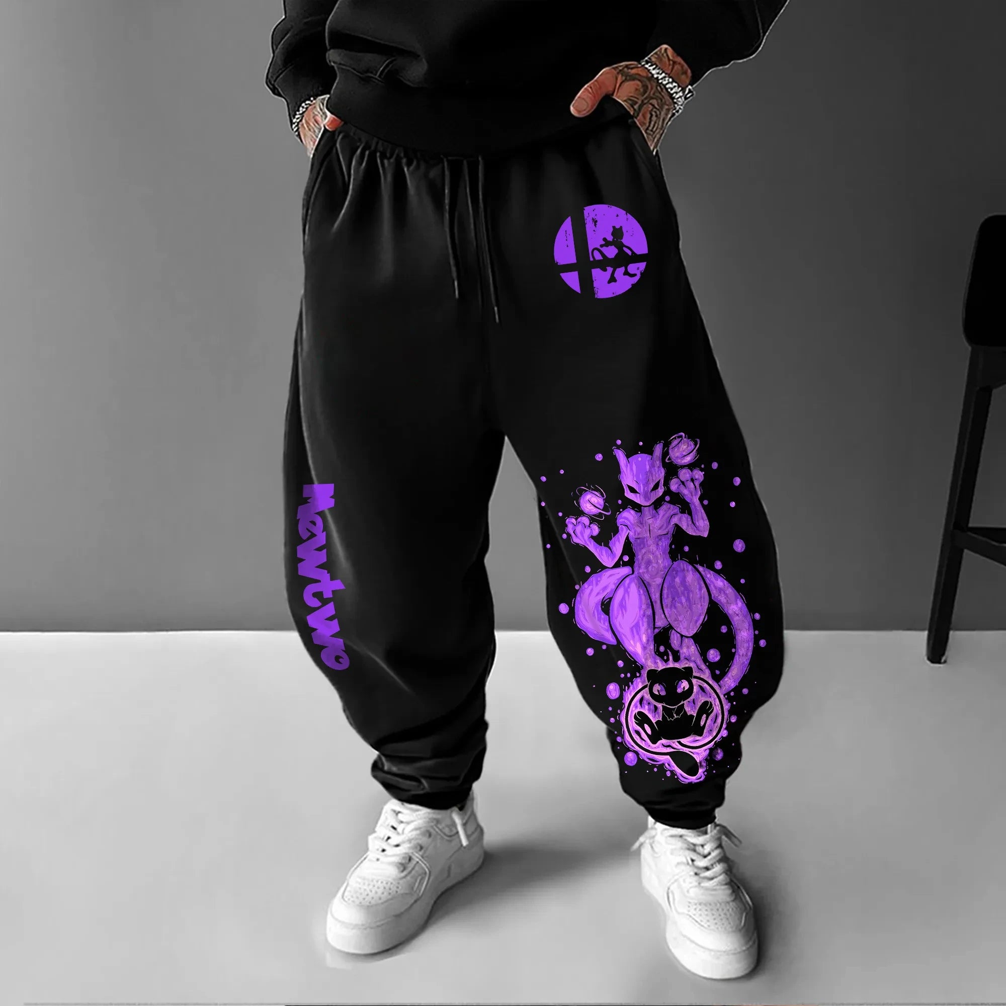 Pokémon Co Branded Men's Sweetpants  Autumn/winter New Mewtwo Anime Print American Street Hip-hop Loose Casual Cotton Pants