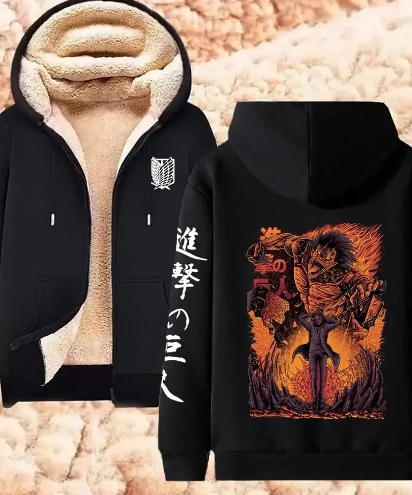 Attack on Titan Winter Warm Zipper Jacket Anime Print Hoodies Men Women Thicken Zip Up Sweatshirts Harajuku Hip Hop Streetwear