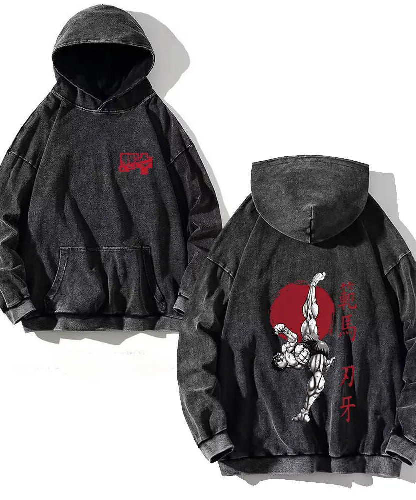 Anime Baki Hanma Print Cotton Washed Hoodies Men Hip Hop Graphic Vintage Hooded Sweatshirts Aesthetic Streetwear Pullover