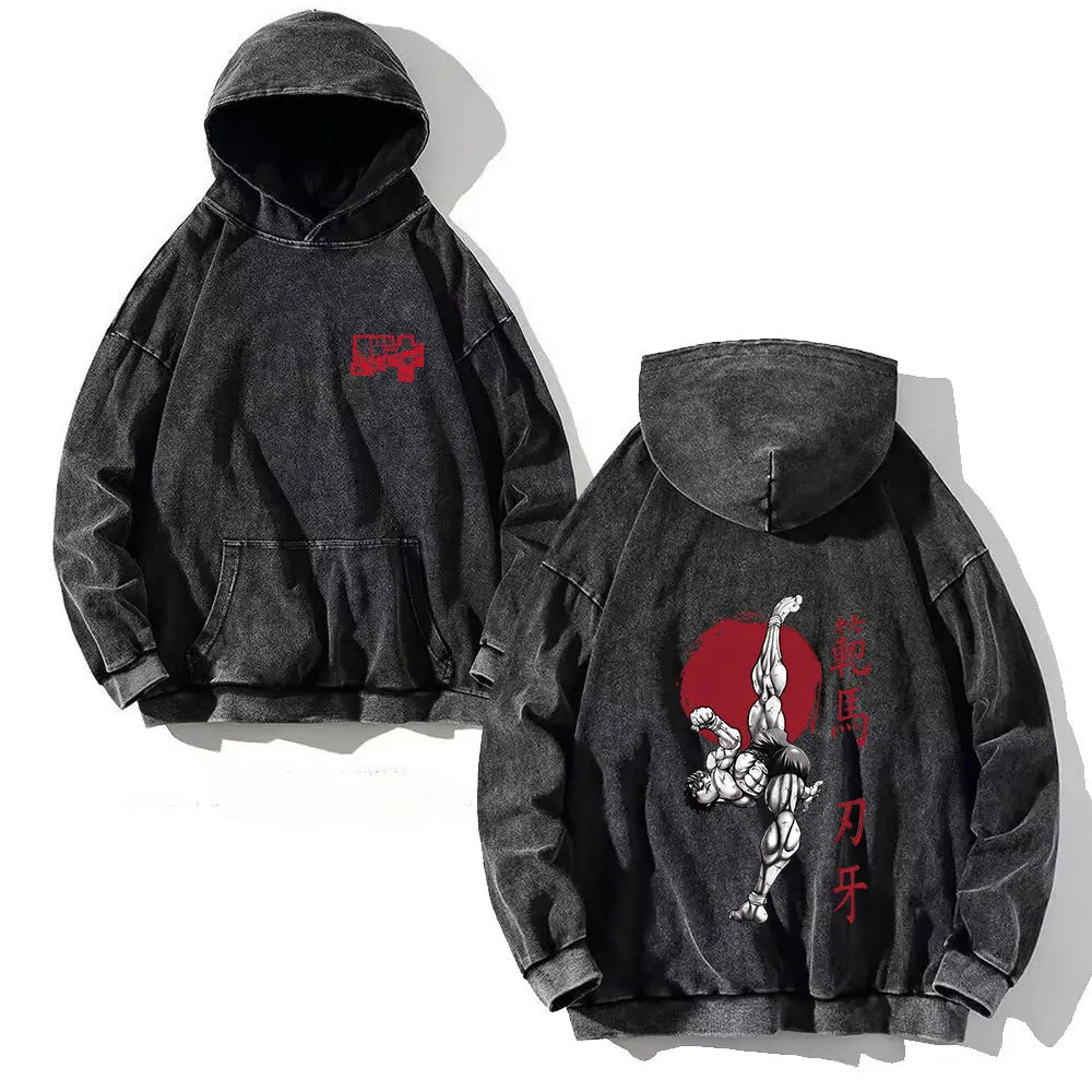 Anime Baki Hanma Print Cotton Washed Hoodies Men Hip Hop Graphic Vintage Hooded Sweatshirts Aesthetic Streetwear Pullover
