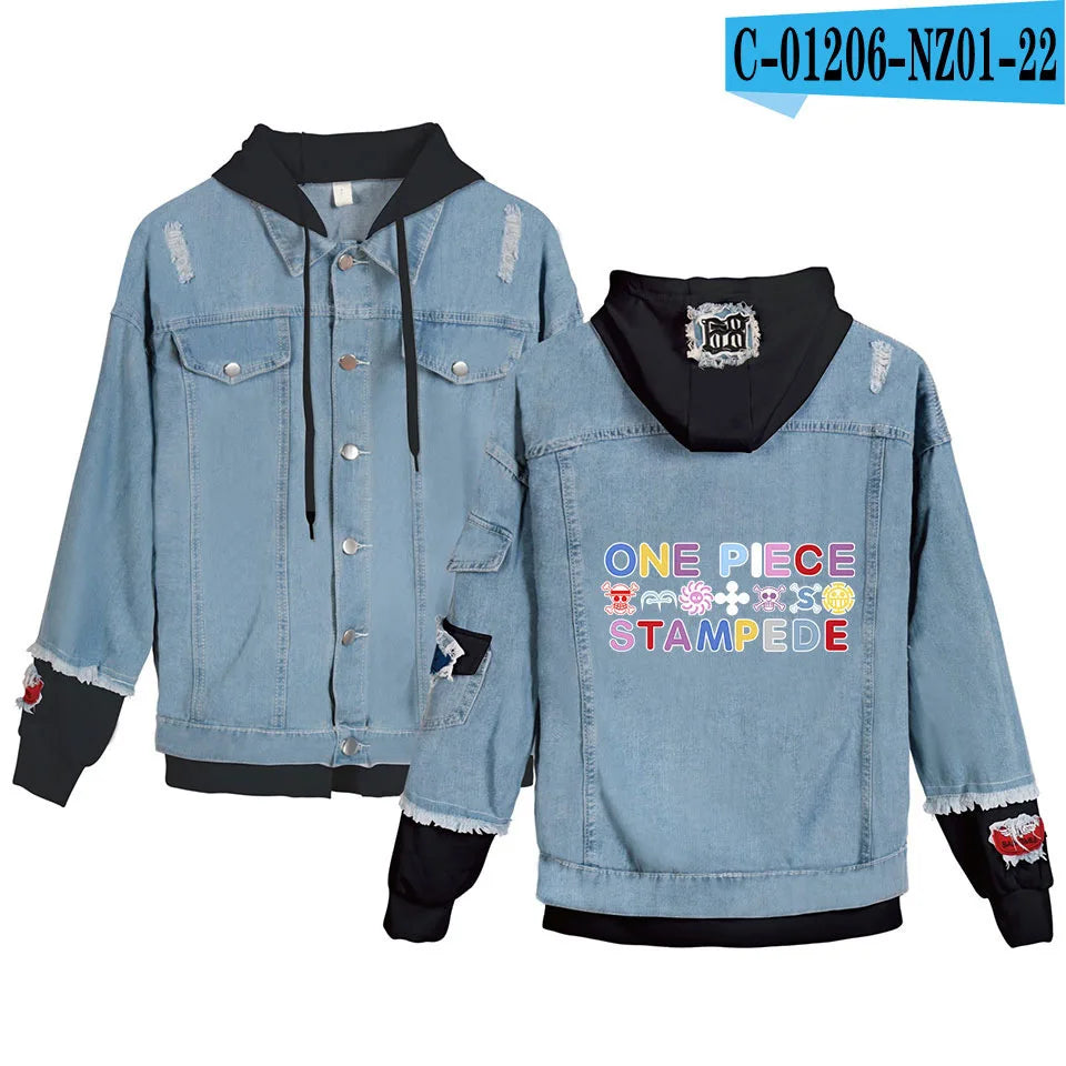 ONE PIECE Anime Chooper Denim Bomber Jacket Hooded Sweatshirt Unisex Ripped Hole Cosplay Hoodie Long-Sleeved Denim Jacket Gift