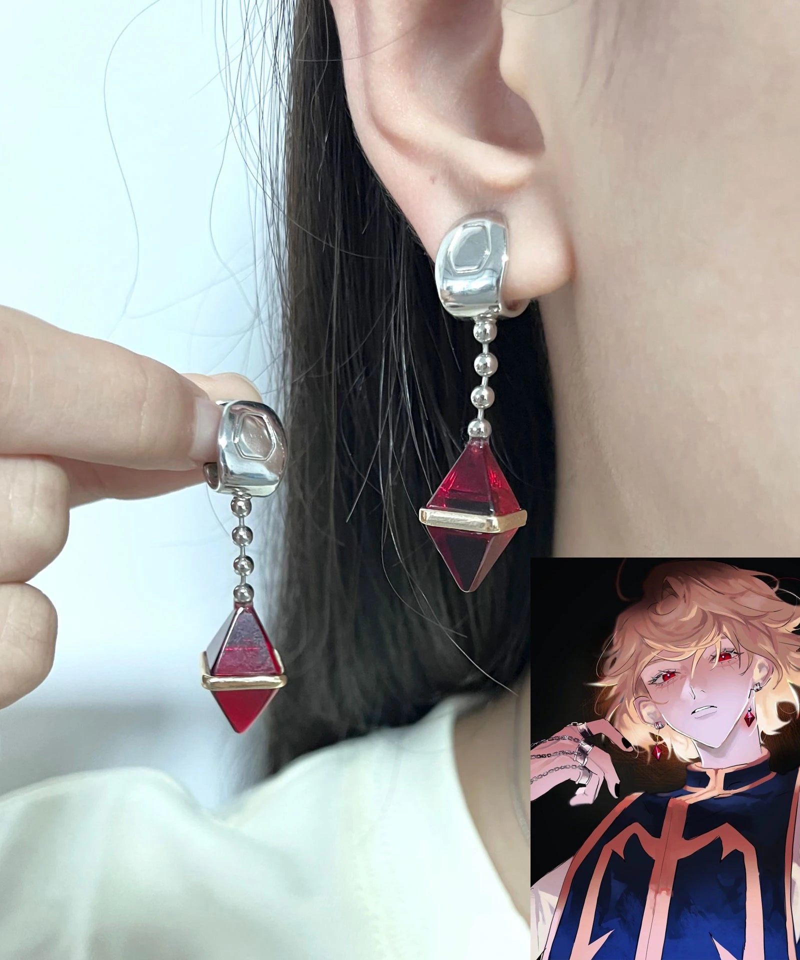 Anime HUNTER×HUNTER Kurapika Ear Clip No Piercing Eardrop Red Zircon Pendant Unisex Gothic Earrings Cosplay Accessories Prop