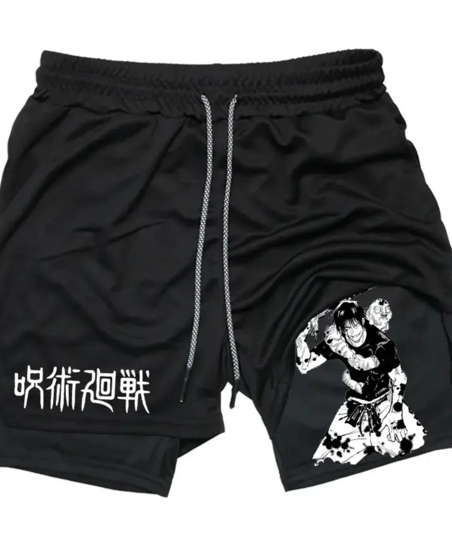 Anime Jujutsu Kaisen Performance Yuji Print Sport Running 2 in 1 Gym Shorts Training Men's Summer Workout Sportwear Y2K Shorts