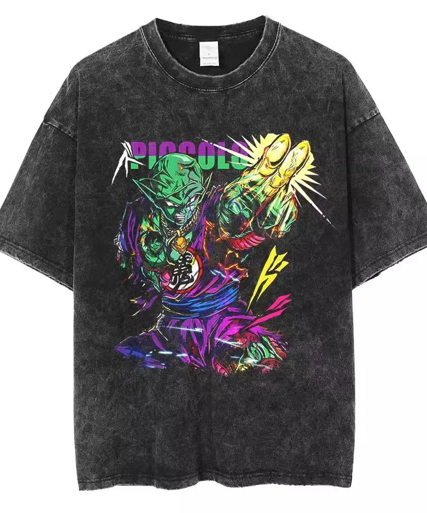 New Hip Hop Streetwear Anime Dragon Ball Printed Growzed T-Shirt Mens Washed Vintage Black Summer Casual Cotton T Shirt Fan Gift
