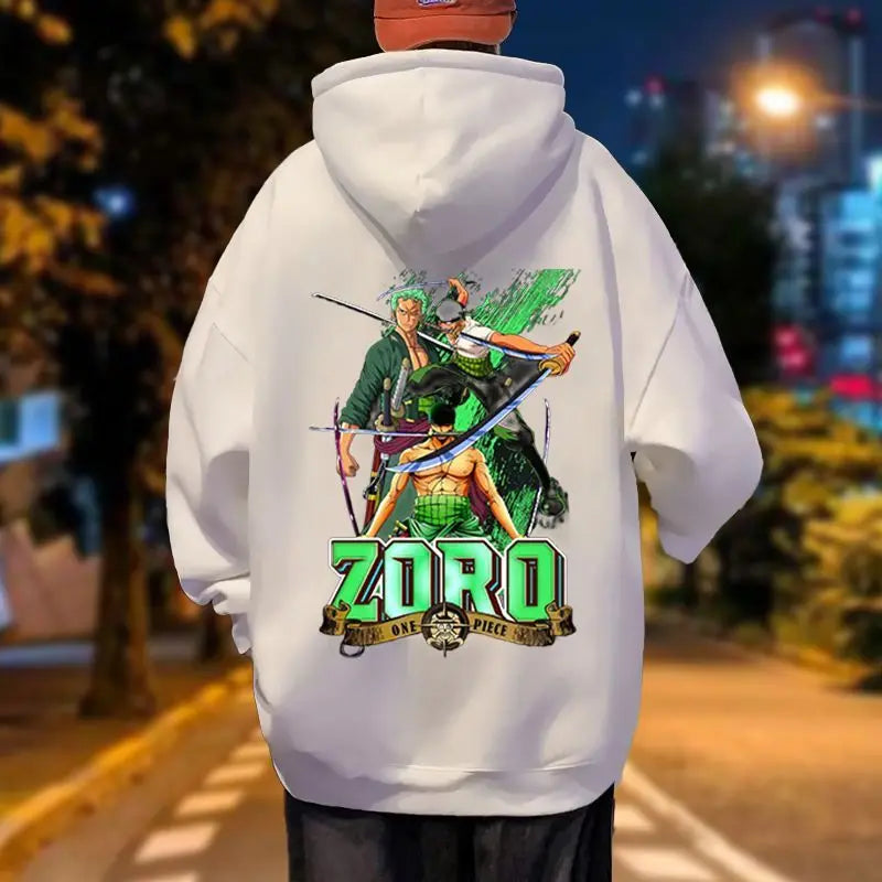 One Piece Roronoa Zoro Autumn and Winter Hooded Sweatshirt Thin with Thick Fleece for Couples Loose Fit Jacket
