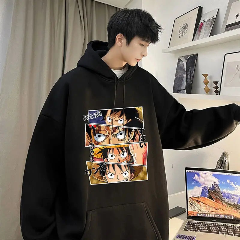 Anime One Piece Monkey D. Luffy Men's Autumn and Winter Printed Hoodie Versatile Hooded Pullover Jacket