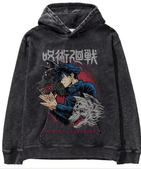 Retro Battle Anime Hoodie – Washed Unisex Streetwear for Spring & Autumn Jujutsu Kaisen, Chainsaw Man