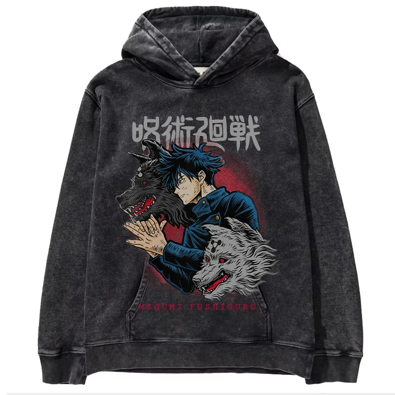 Retro Battle Anime Hoodie – Washed Unisex Streetwear for Spring & Autumn Jujutsu Kaisen, Chainsaw Man