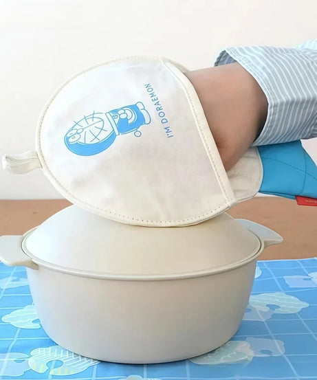 Cute Doraemon Microwave Gloves & Bowl Mat – Heat-Resistant Cartoon Kitchen Set