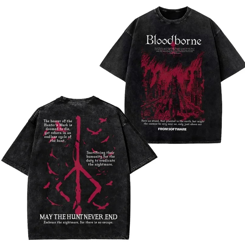 Vintage Cotton Game Print Washed T-Shirt American Street Trendy Brand Mens Womens Oversized Short Sleeved HipHop Tee Tops Summer