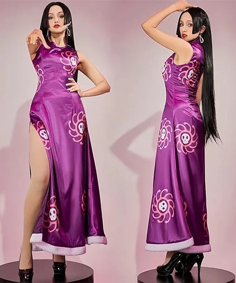 Boa Hancock Cosplay Costume Anime Kimono Purple Dress Cheongsam Cloak Women Halloween Fancy Dress Cheongsam Uniform Suits