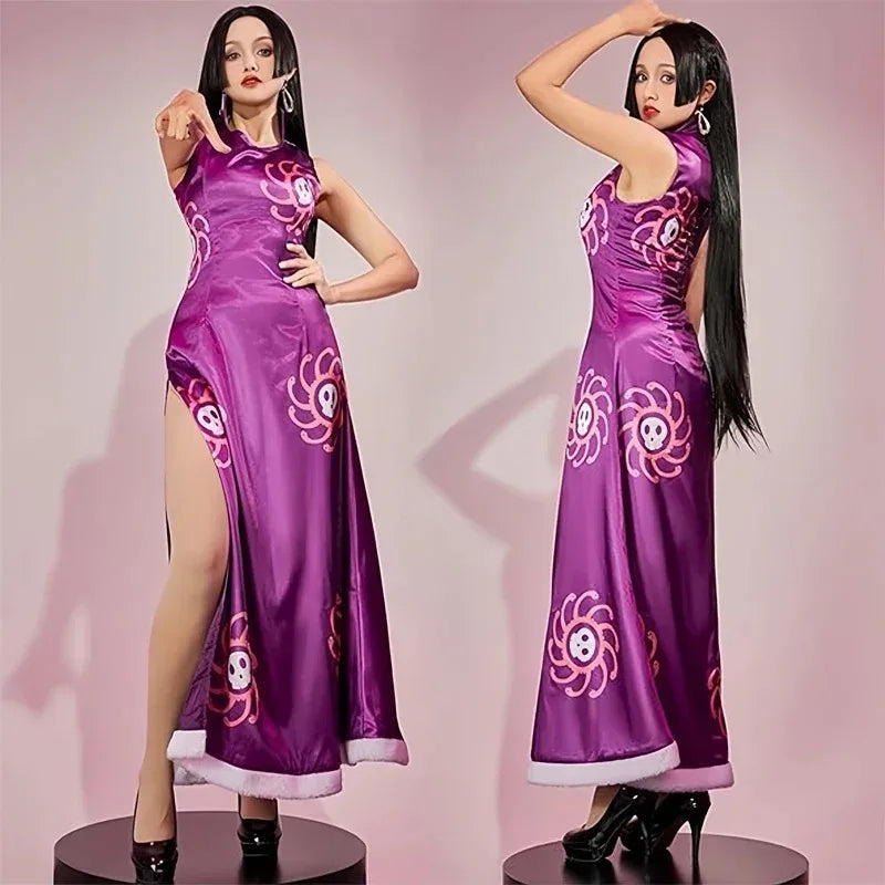 Boa Hancock Cosplay Costume Anime Kimono Purple Dress Cheongsam Cloak Women Halloween Fancy Dress Cheongsam Uniform Suits