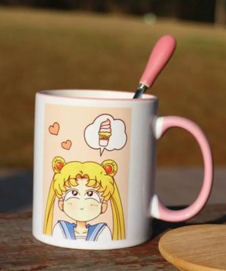 Sailor Moon Usagi Ceramic Mug with Lid & Heart Spoon – Cute Anime Gift Cup