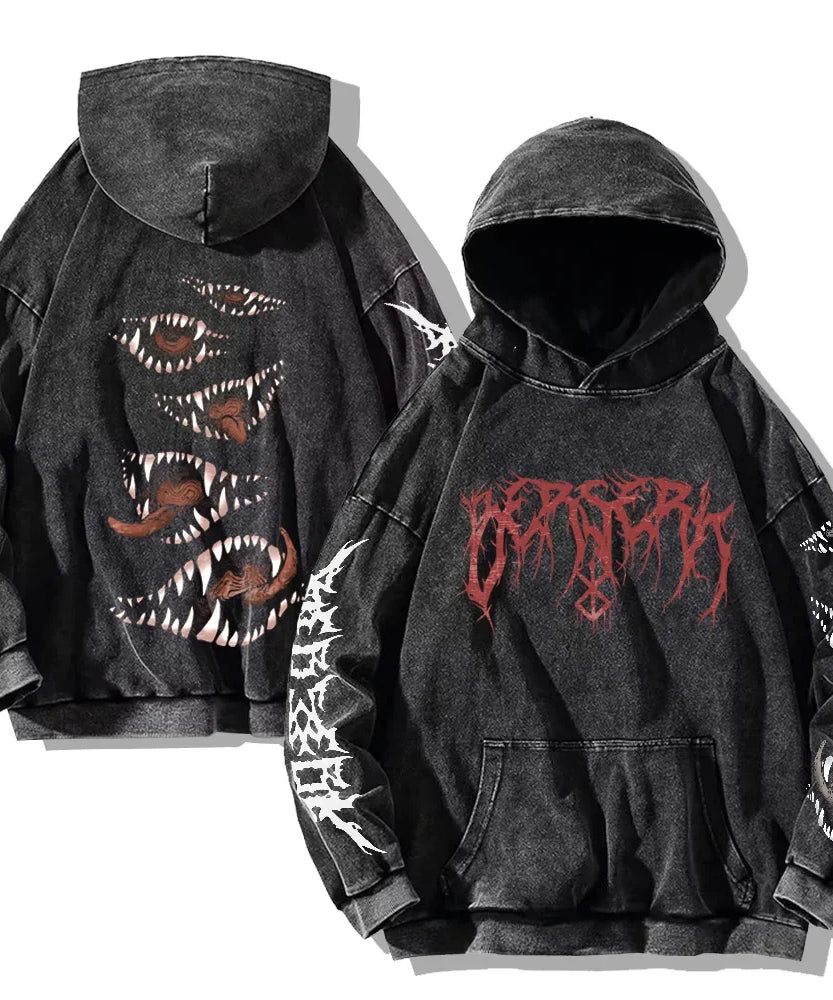 Gothic Vintage Washed Hoodies Teeth Funny Printed Sweatshirts Harajuku Retro Long Sleeve Pullover Men Women Y2k Oversized Hoodie