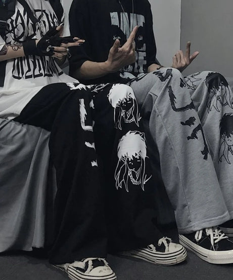 Harajuku Anime Print Wide Leg Pants Women Hippie Streetwear Black Sweatpants Korean Style Oversized Trousers