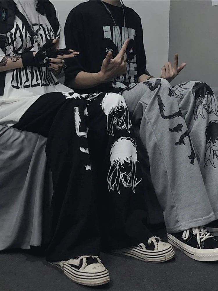Harajuku Anime Print Wide Leg Pants Women Hippie Streetwear Black Sweatpants Korean Style Oversized Trousers