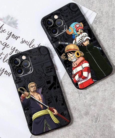 One Piece Luffy & Crew Black Soft Case – Anime iPhone 7–15 Pro Max
