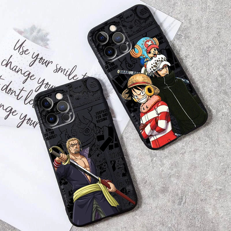 One Piece Luffy & Crew Black Soft Case – Anime iPhone 7–15 Pro Max