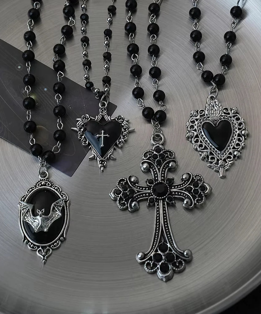 Gothic Bat Cross Dark Pendant Necklace Set Thorn Love Black Bead Stacked Necklace Halloween Gifts