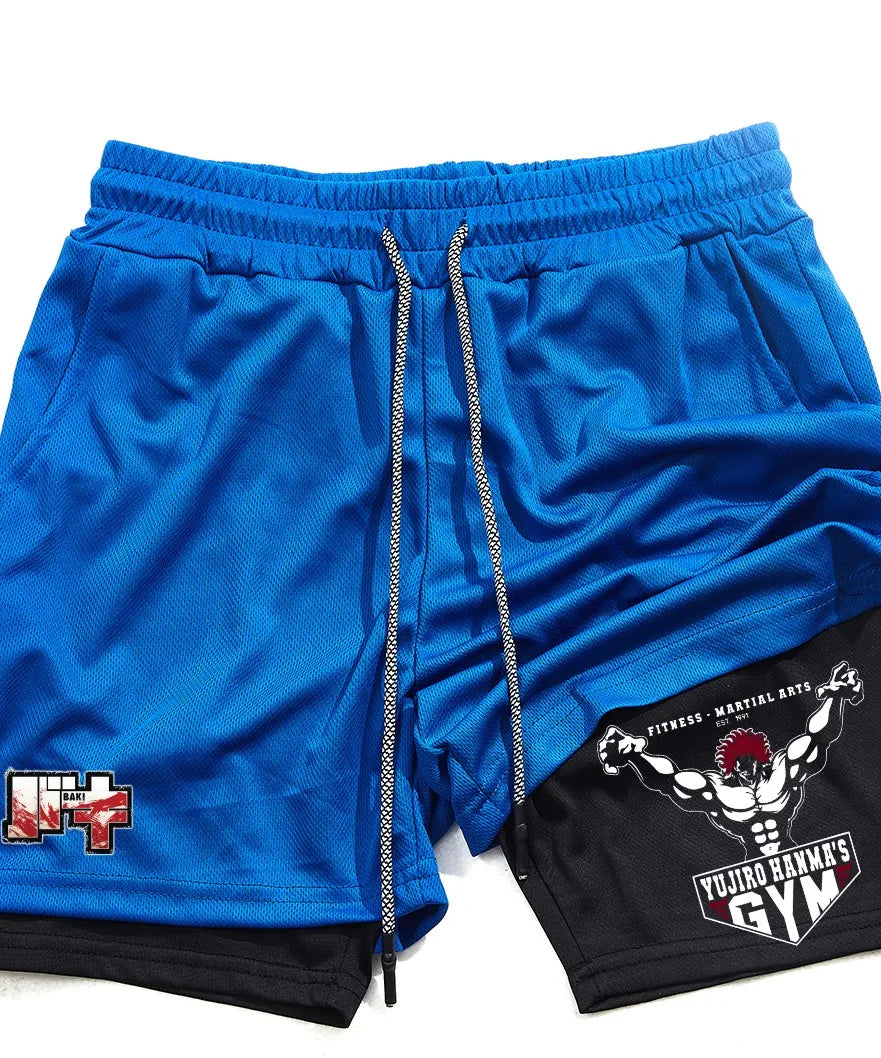 Men's and women's gym shorts, quick drying mesh shorts, animated printed Baki Hanma, sleeves, 2-in-1