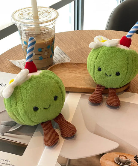 New 16cm Cute Coconut Plush Toy Soft Stuffed Doll With Straw Flower Tiny Legs Bag Pendant Keychain Ideal Gift For Girls