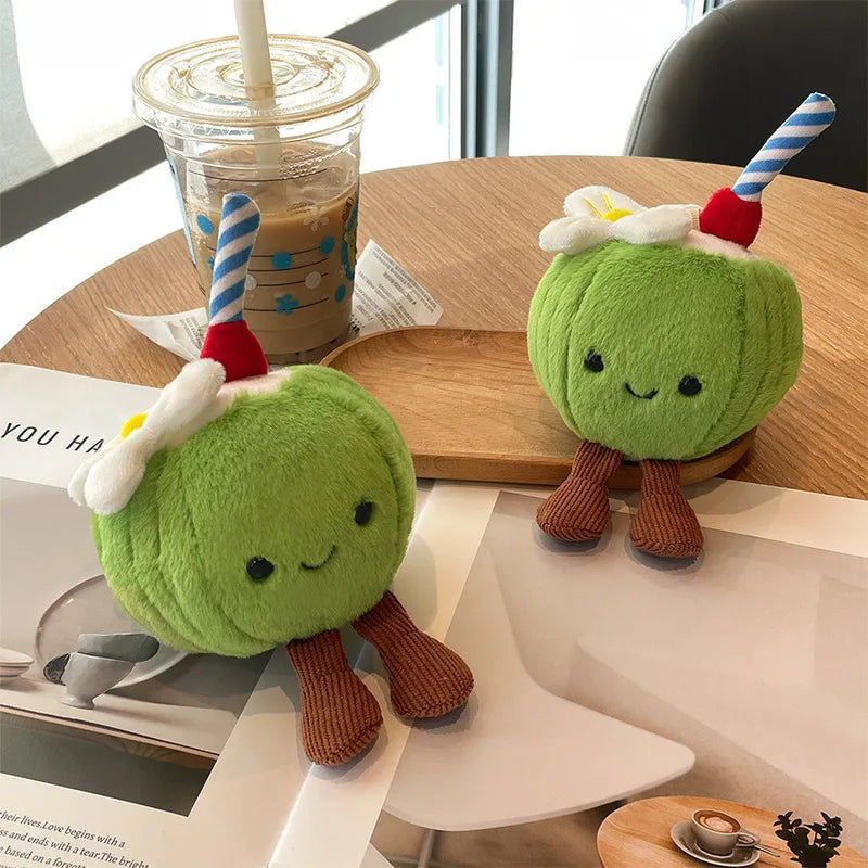 New 16cm Cute Coconut Plush Toy Soft Stuffed Doll With Straw Flower Tiny Legs Bag Pendant Keychain Ideal Gift For Girls