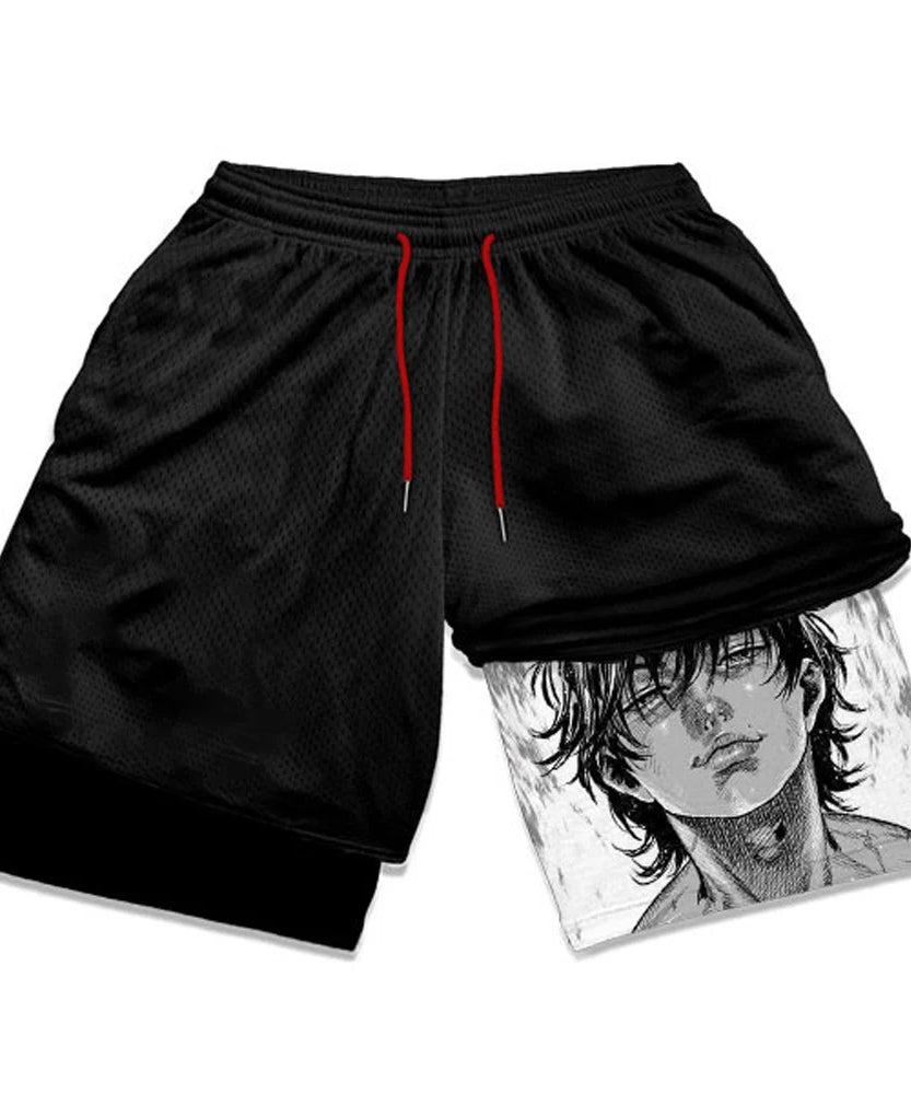 Anime Gym Shorts Men Manga Print 2 in 1 Performance Shorts Fitness Quick Dry Compression Sports Short Pants Breathable Summer