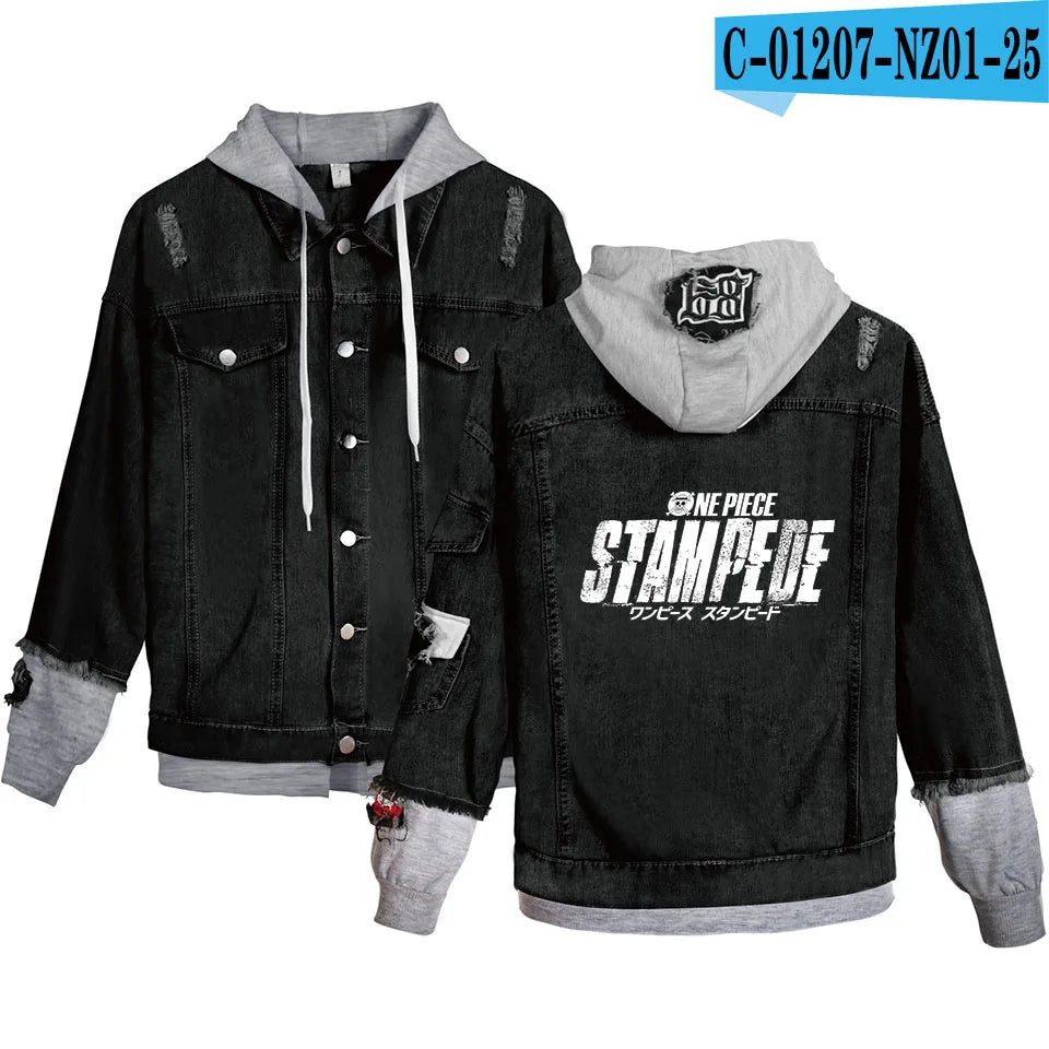 ONE PIECE Anime Chooper Denim Bomber Jacket Hooded Sweatshirt Unisex Ripped Hole Cosplay Hoodie Long-Sleeved Denim Jacket Gift