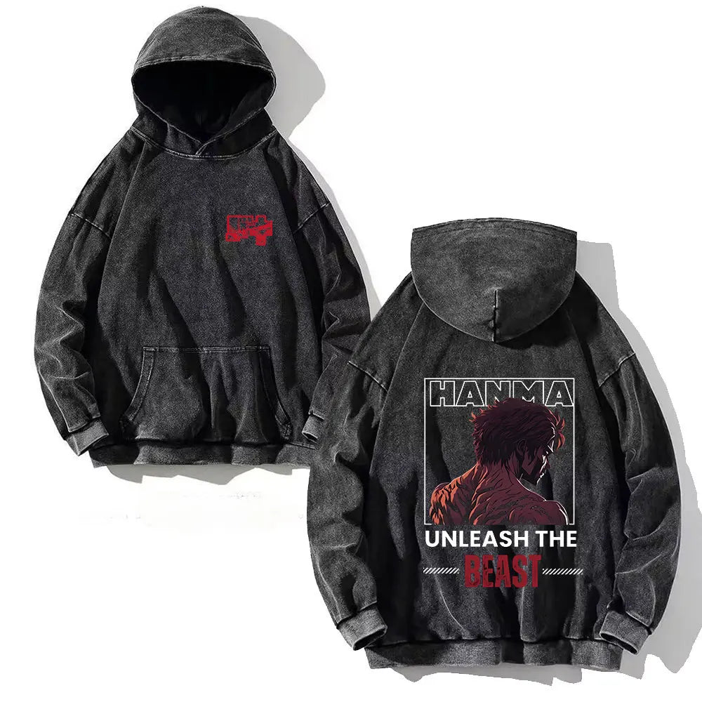 Anime Baki Hanma Print Cotton Washed Hoodies Men Hip Hop Graphic Vintage Hooded Sweatshirts Aesthetic Streetwear Pullover