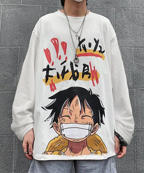 Anime One Piece Monkey D. Luffy Spring and Autumn New Loose Boys' Long Sleeve Cartoon Student T-shirt Clothes