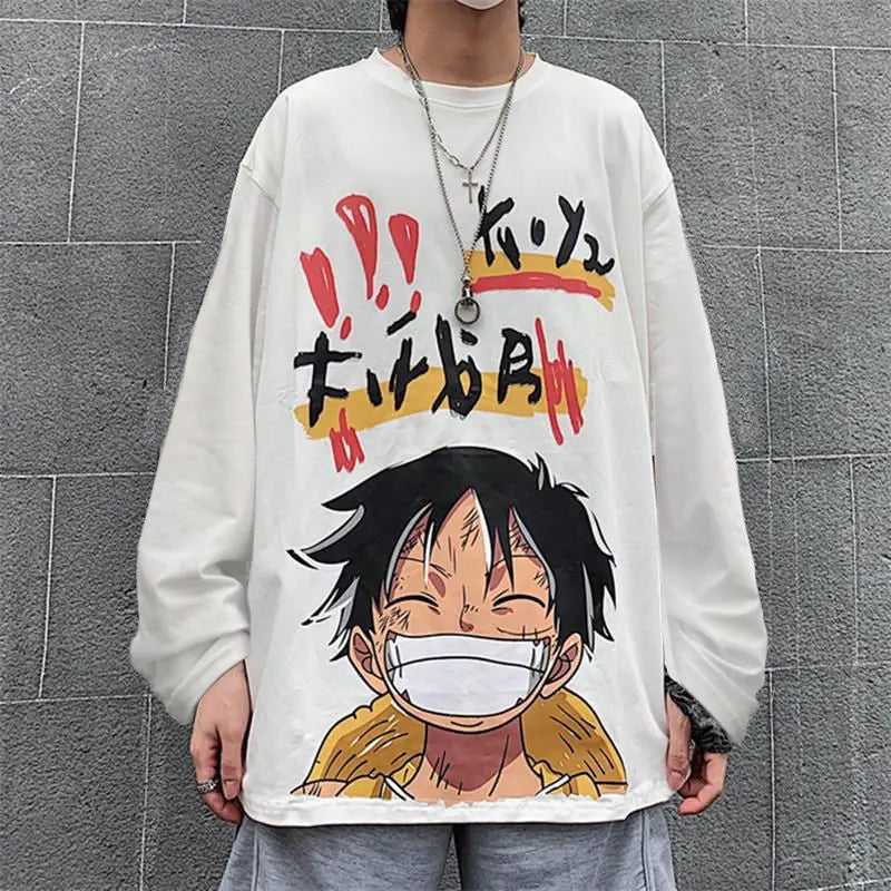 Anime One Piece Monkey D. Luffy Spring and Autumn New Loose Boys' Long Sleeve Cartoon Student T-shirt Clothes