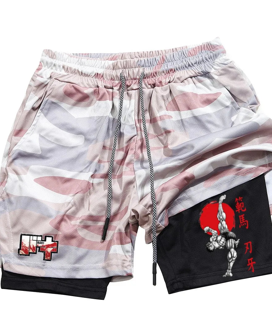 Men's and women's gym shorts, quick drying mesh shorts, animated printed Baki Hanma, sleeves, 2-in-1