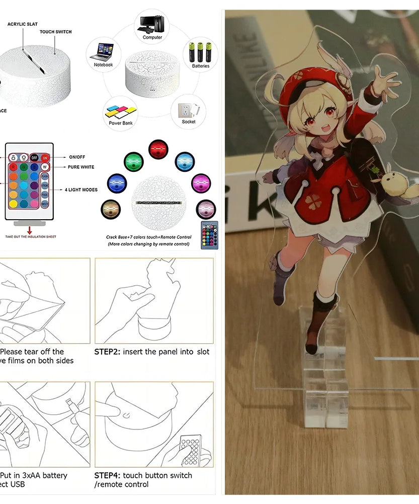 Genshin Impact 3D Lamp LED Night Light Anime Figures Zhongli Raiden Shogun Remote RGB Dream Colors Kids Bedroom Home Decor