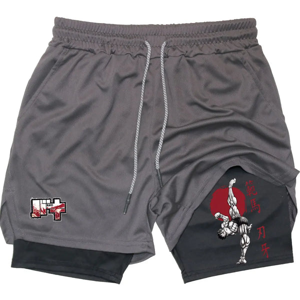 Baki Hanma Men's 2-in-1 Compression Gym Shorts – Quick-Dry Fitness Activewear