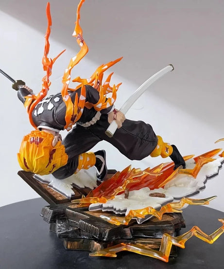 28cm Anime Demon Slayer Agatsuma Zenitsu Fire Thunder God Action Figure PVC Statue With Effect Base Collectible Model Toy Gift