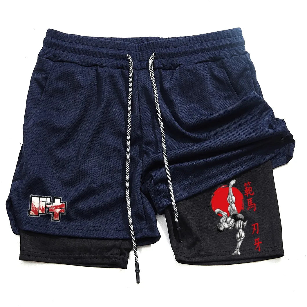 Men's and women's gym shorts, quick drying mesh shorts, animated printed Baki Hanma, sleeves, 2-in-1